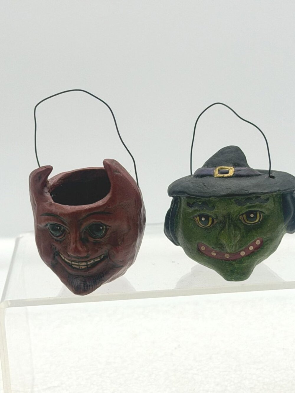 Set of Two Miniature Halloween Bucket Ornaments Devil Witch